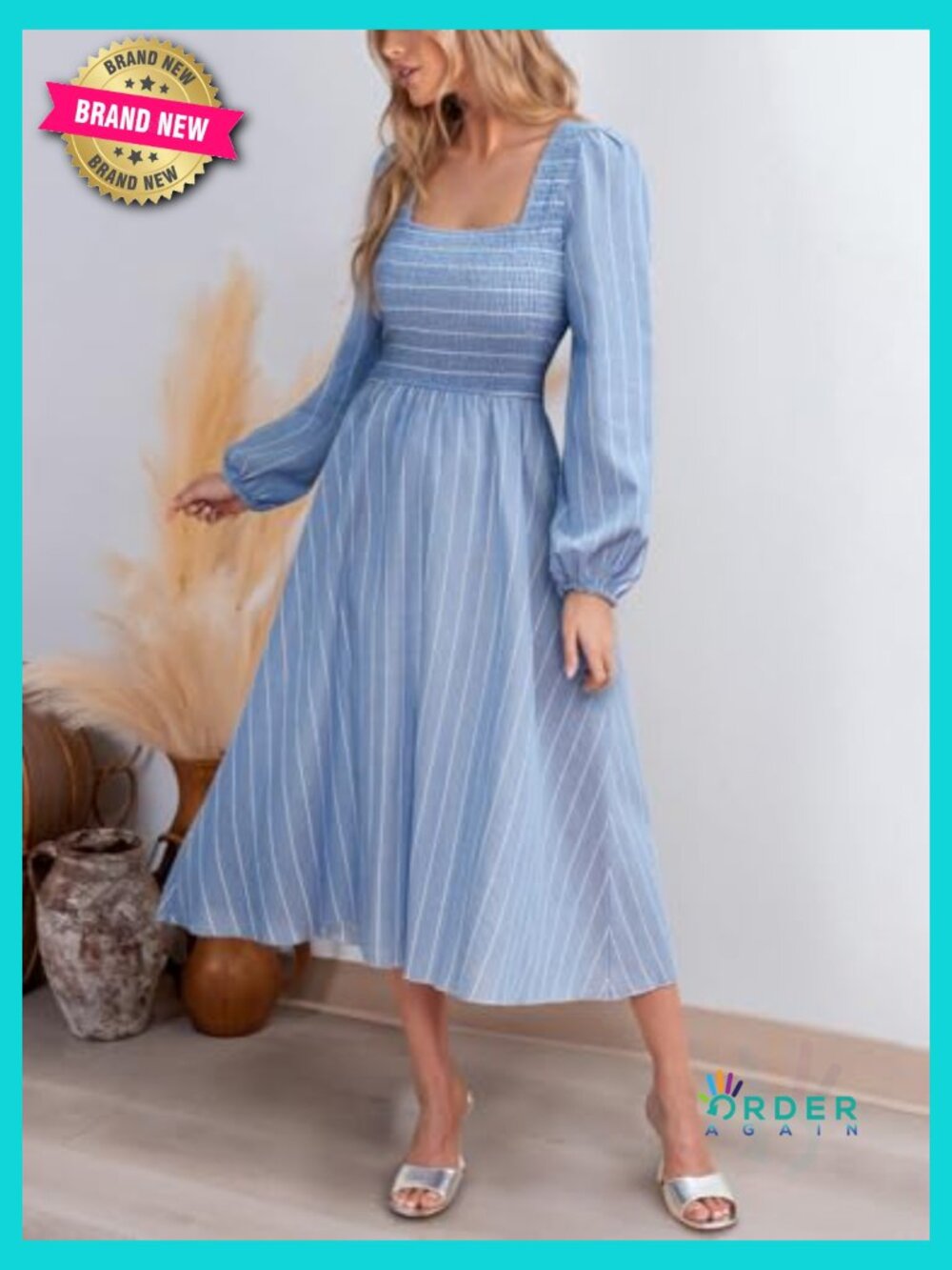 Long Sleeve Square Neck Striped Smocked Midi Dress Flowy A Line Ruffled Fall - Picture 2 of 5